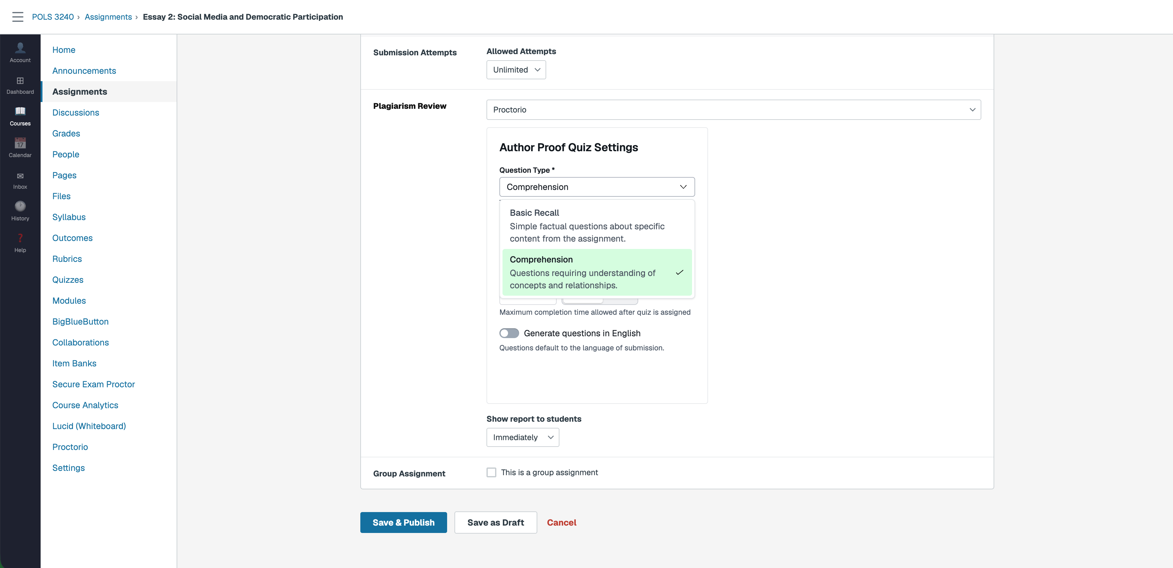 AuthorProof Quiz Settings panel with question type dropdown open
