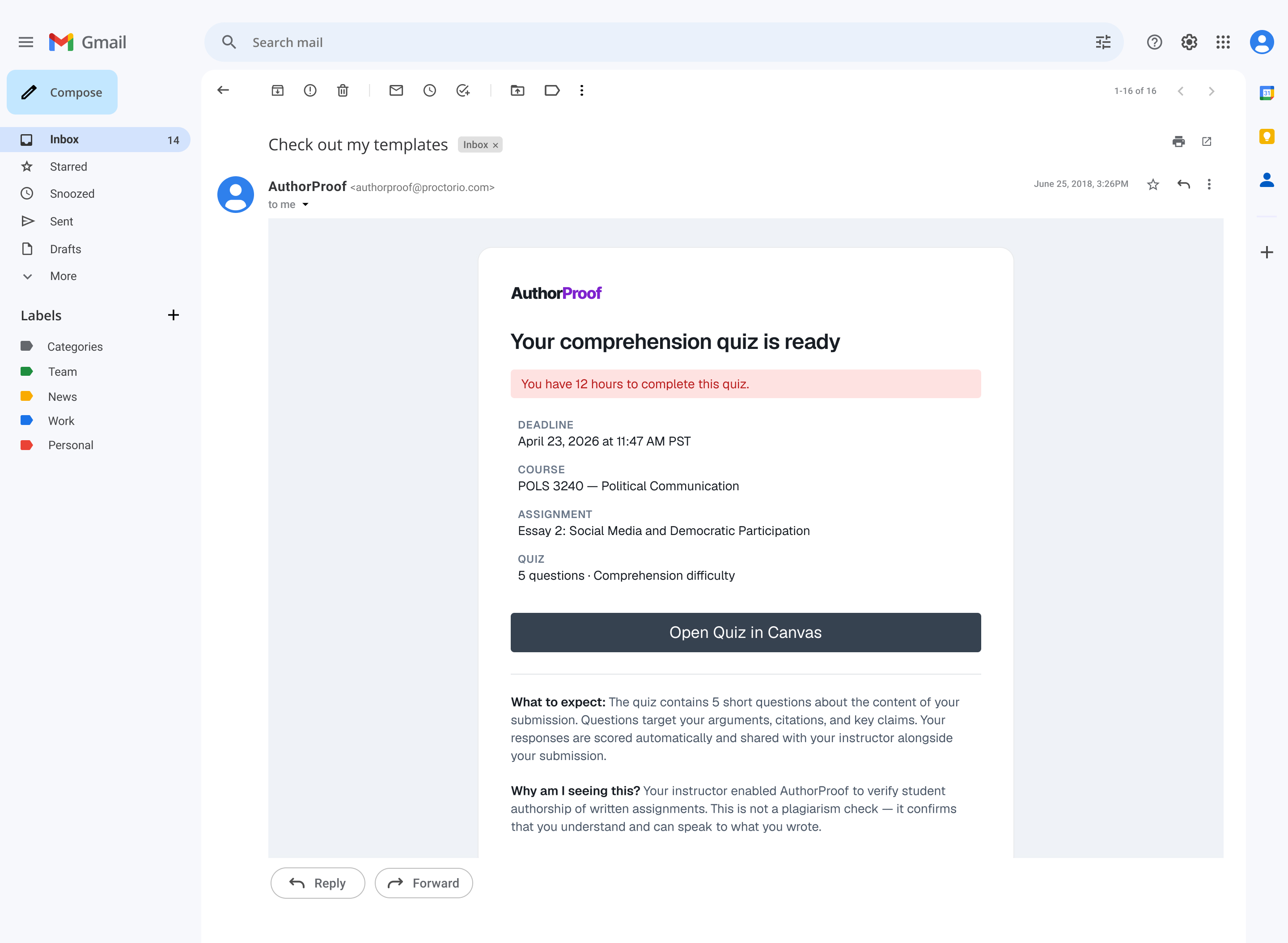Student email notification with deadline and Open Quiz in Canvas button